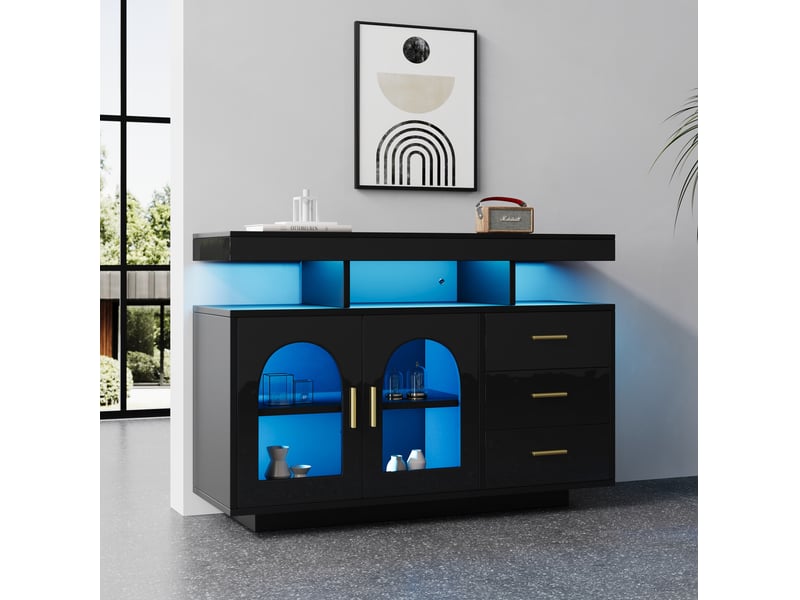  Buffet bas noir brillant avec éclairage led rgb, 3 tiroirs et 2 portes - 120 x 40 x 80 cm  - Conforama C