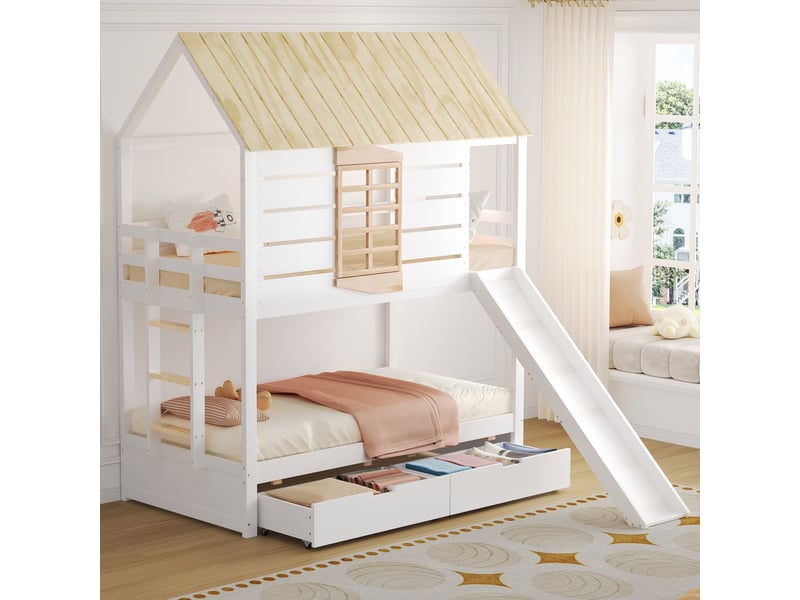  Lit superposé enfant 90x200, garde-corps haut sécurité renforcée lit superpose cabane, structure pin mdf, tiroirs intégrés  - Conforama B