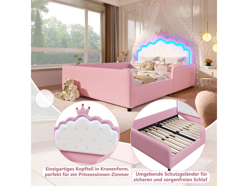  Lit simple enfant 140 x 190 cm avec tête de lit en forme de couronne, barrières latérales et éclairage led, similicuir, rose Morn Vibe - Conforama E
