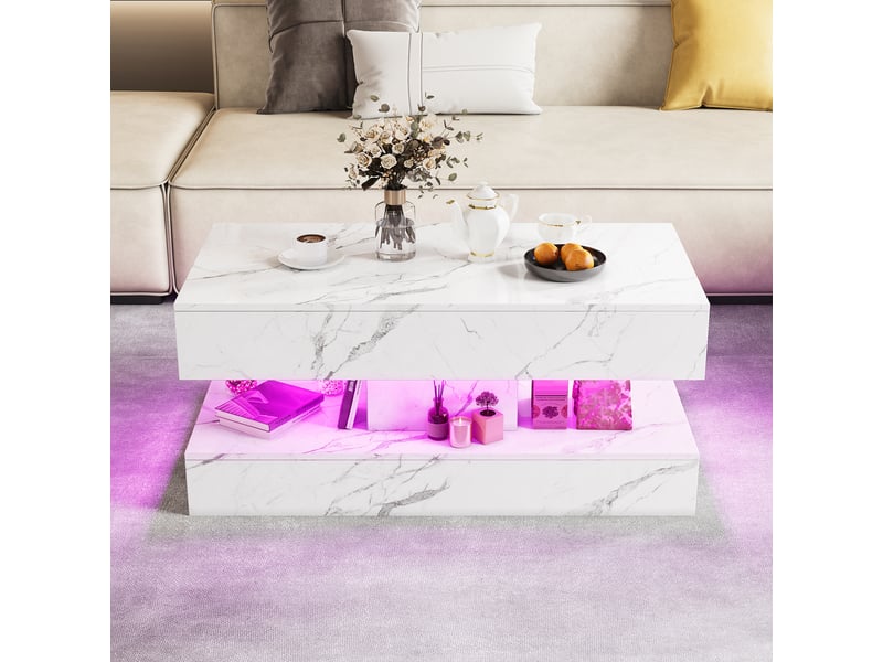  Table basse marbre blanc –table basse rectangulaire  - éclairage led  – rangement double – 100×50×45 cm  - Conforama D
