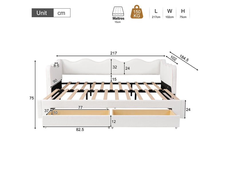  Canapé-lit 90x200 cm, lit enfant, couchage d'appoint, 2 tiroirs, extensible, port usb, tissu bouclé beige  - Conforama D
