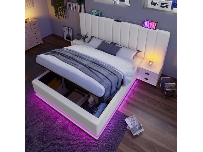  Lit coffre 180x200 cm avec led contrôlable par application, usb-c, pu blanc et sommier  - Conforama D