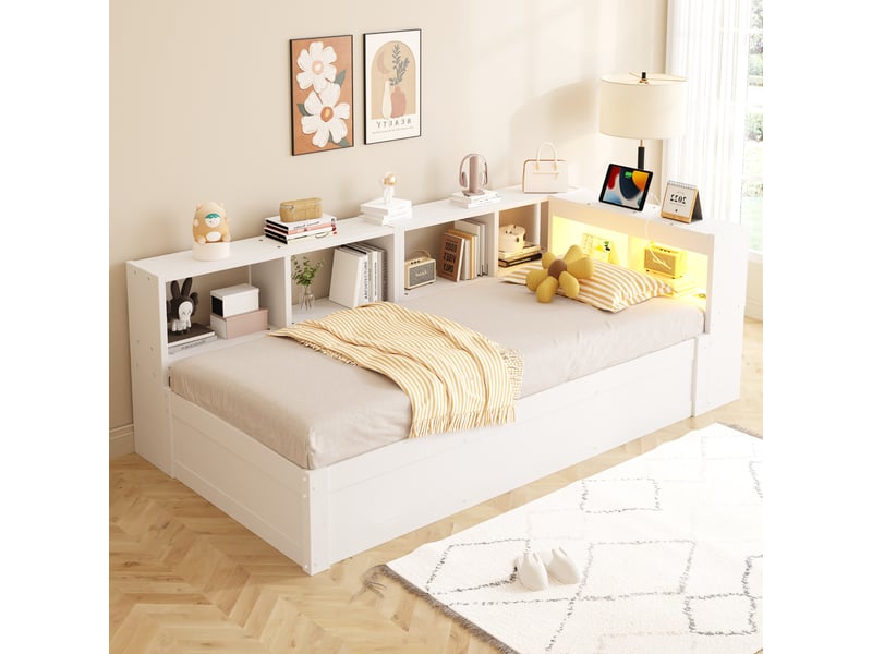  Canapé-lit 90x200 cm, lit enfant, couchage d'appoint, rangement hydraulique, led, bois blanc, prise intégrée  - Conforama D