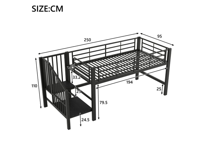  Lit surélevé enfant 90 x 200 cm avec escalier de rangement noir en métal  - Conforama C