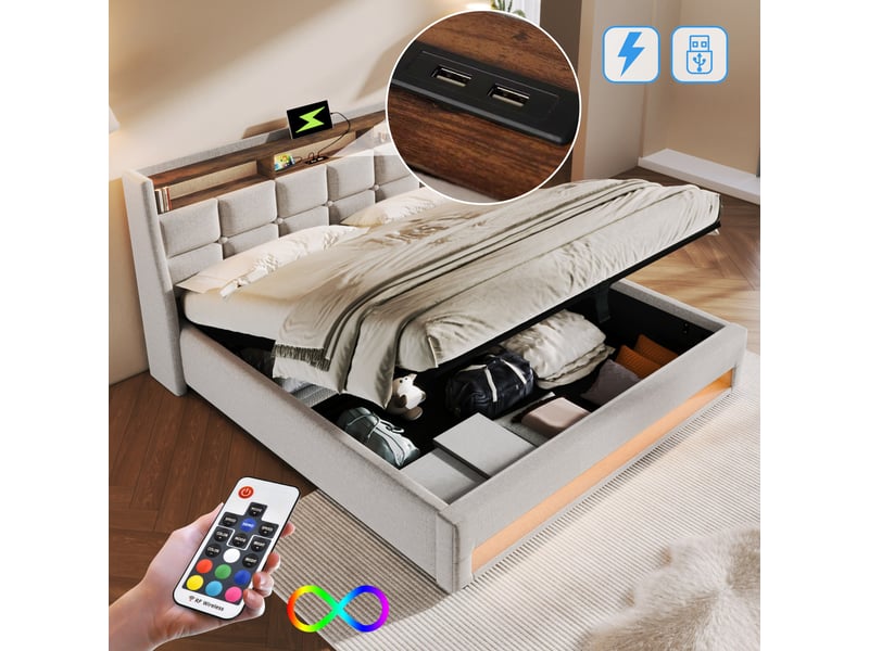  Lit coffre 160x200 cm, rangement hydraulique, éclairage led, usb, sommier à lattes, style vintage, revêtement lin - beige  - Conforama D