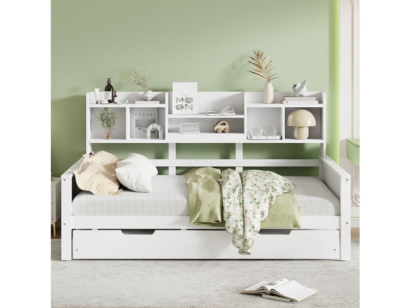 Lit banquette gigogne 90x200 cm avec couchage 90x190 cm et rangement, blanc - Conforama D