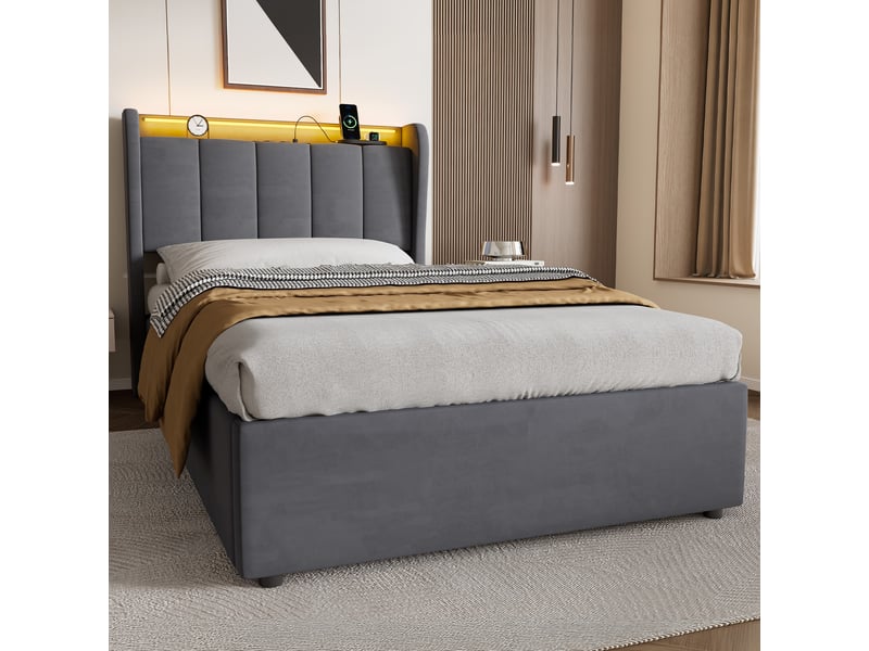  Lit rembourré 90 × 200 cm 1 place avec matelas et veilleuse, lit pour enfant avec prise électrique et coffre de rangement, grand espace de rangement, gris foncé  - Conforama C