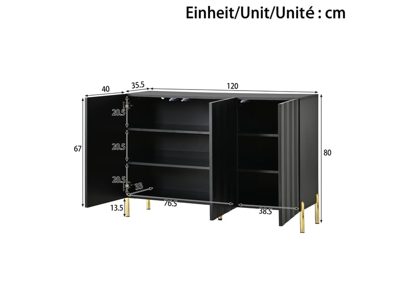  Buffet noir moderne 120x80cm, meuble de rangement 3 portes avec étagères réglables et pieds dorés en métal pour salon  - Conforama C