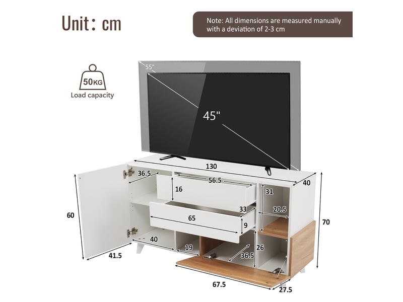  Buffet salle à manger 130x40x70 cm, meuble bas blanc laqué avec 2 tiroirs intégrés et porte sans poignée, design  - Conforama C