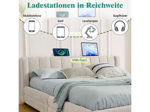 Lit double avec rangement et ports usb - 140x200 cm - beige - tissu chenille doux - 4 tiroirs de rangement