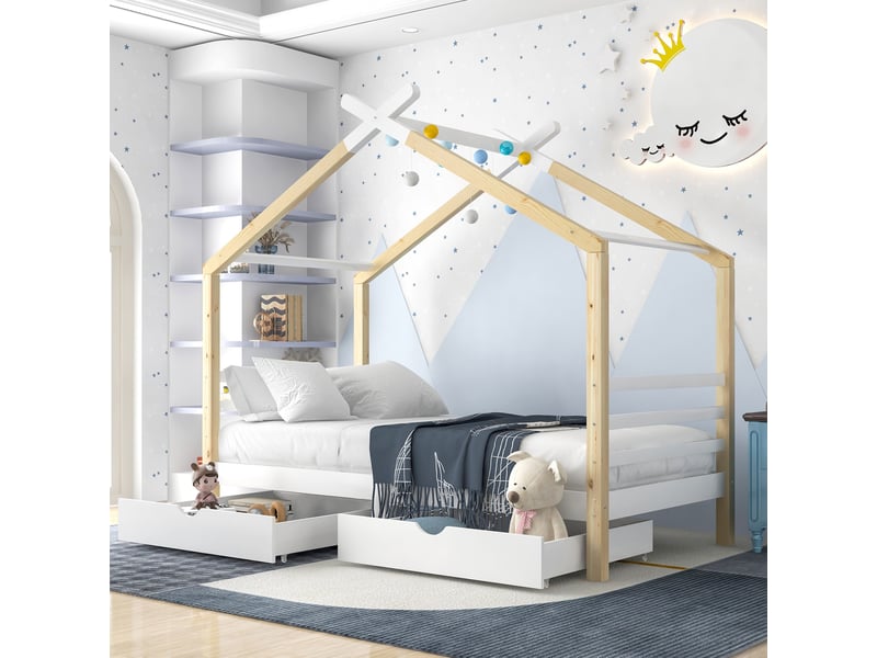 Lit cabane enfant avec 2 tiroirs 90x200 cm blanc et bois - Conforama C