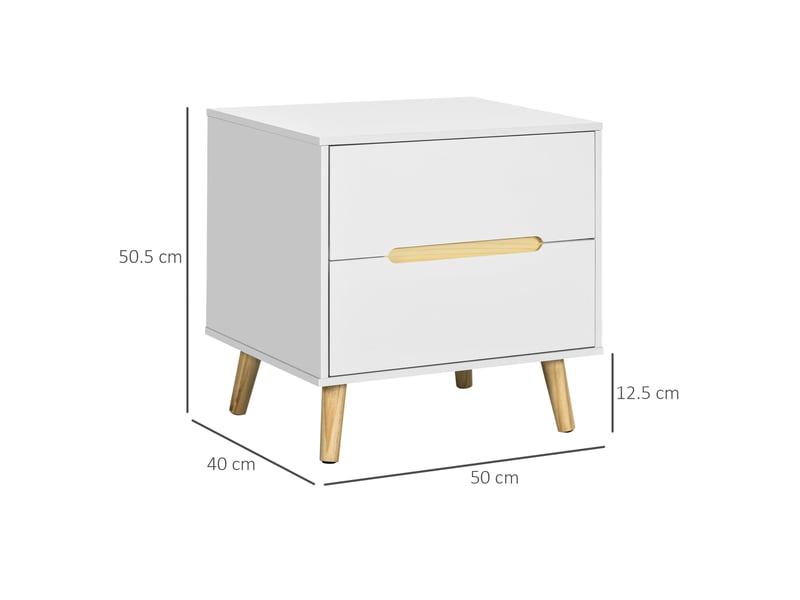  Table de chevet moderne à 2 tiroirs, en aggloméré et pieds en pin, 50 x 40 x 50,5 cm (l x p x h), blanche  - Conforama E