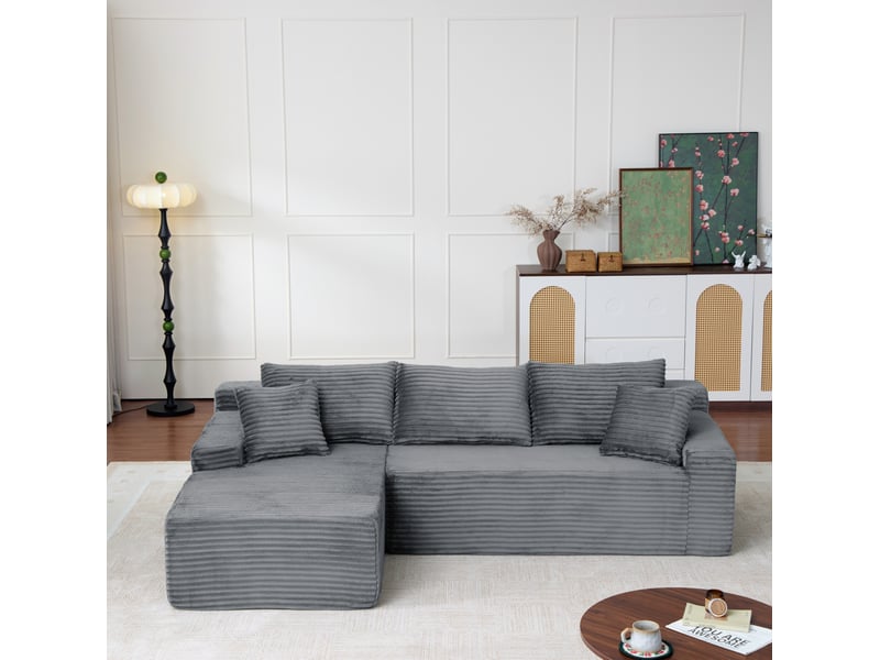  Canapé d’angle modulable gauche compressé 4 places en mousse et velours côtelé couleur gris, style moderne  - Conforama B
