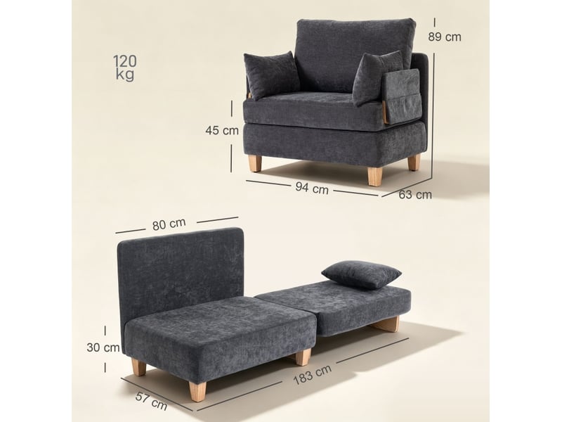 Fauteuil-lit 2-en-1 avec fonction lit, canapé-lit avec 2 oreillers lavables, poches latérales pour salon et chambre - Conforama E