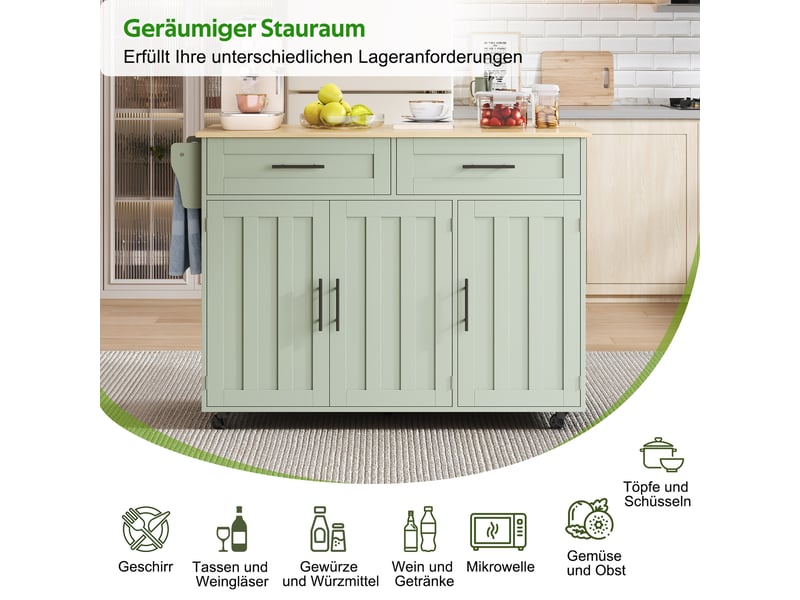 Îlot de cuisine mobile 129 × 46(71) × 91,5 cm vert, mdf, plateau rabattable en bois massif, tiroirs et roulettes  - Conforama E