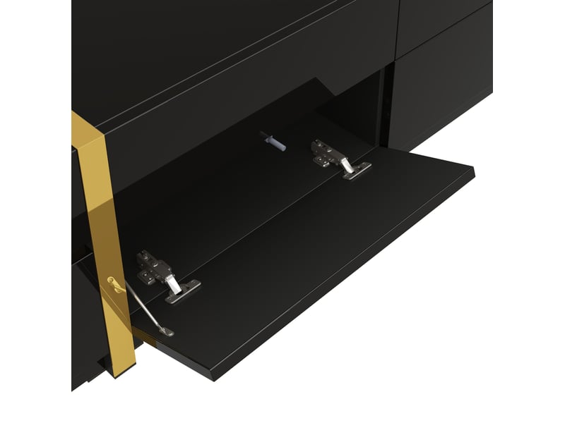  Meuble tv avec 4 tiroirs et 2 portes, rangement pratique, mdf noir brillant avec détails dorés, 180x40x38 cm  - Conforama R