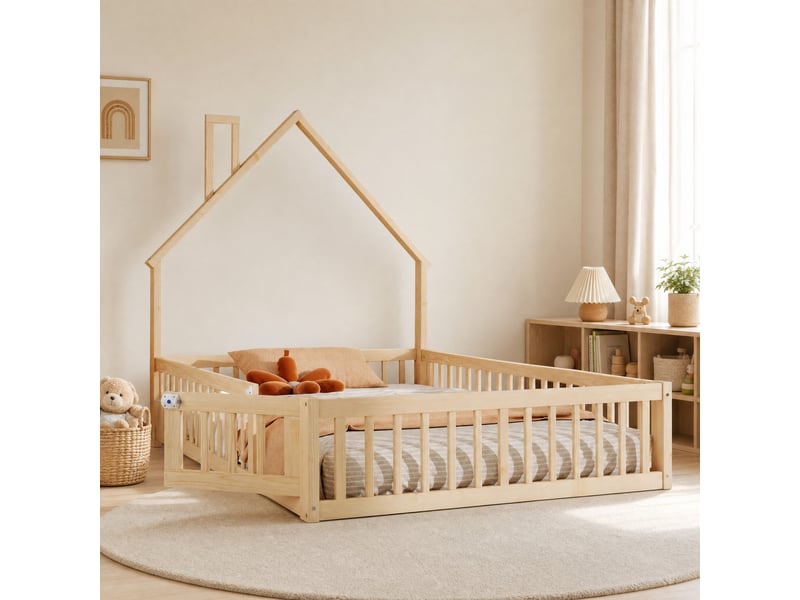 Lit cabane enfant 140x190 cm avec sommier à lattes, pin et mdf naturel - Conforama D