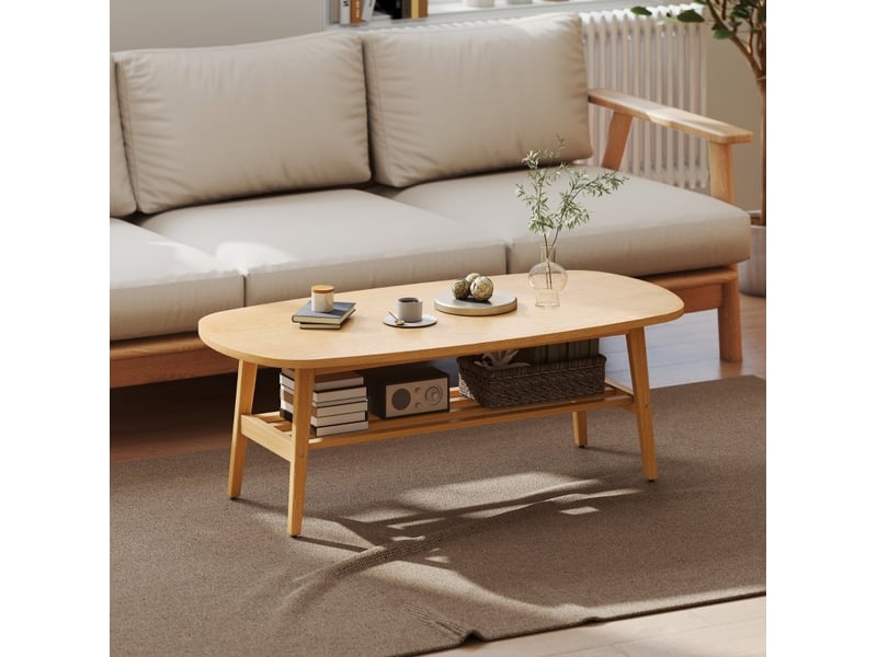  Table basse ovale avec étagère ouverte et pieds stables, effet bois naturel pour salon et chambre 120 × 60 × 42 cm  - Conforama B