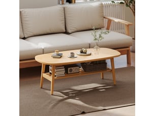Table basse ovale avec étagère ouverte et pieds stables, effet bois naturel pour salon et chambre 120 × 60 × 42 cm