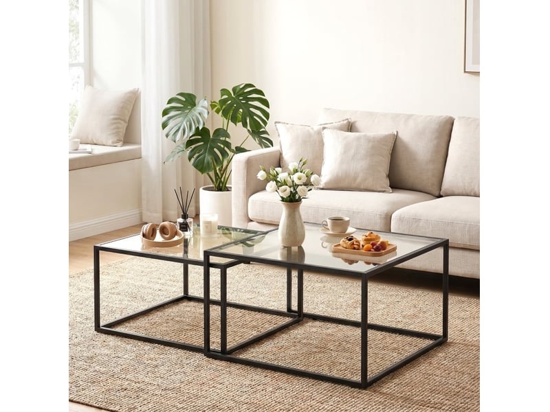  Tables basses gigognes avec 2 plateaux ronds en verre trempé et structure en métal, style moderne, noir  - Conforama B
