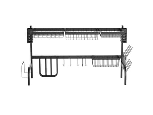 Égouttoir à vaisselle à 2 niveaux en acier inoxydable avec planche à découper et porte-couverts, 100 x 30 x 52,5 cm, noir