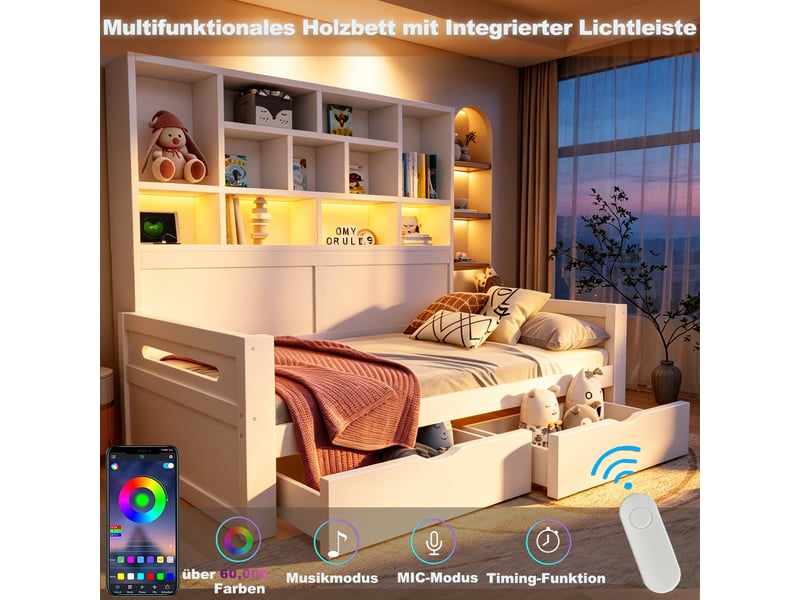 Lit 1 personne 90x200 cm avec rangement - 2 tiroirs - tête de lit led avec prises - étagères - blanc - Conforama R