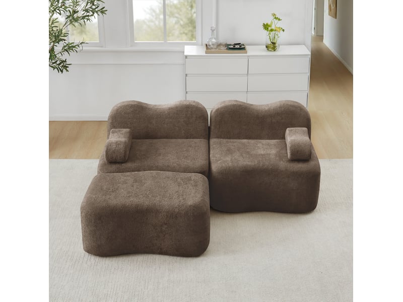  Canapé d'angle modulable 2 places avec pouf en velours marron  - Conforama D