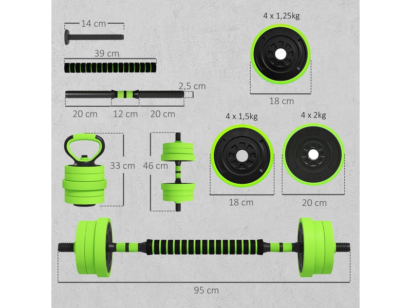  Ensemble d'haltères 4 en 1, 20 kg, réglable, comprenant haltères, barre, kettlebell et poignées pour pompes (vert).  - Conforama E