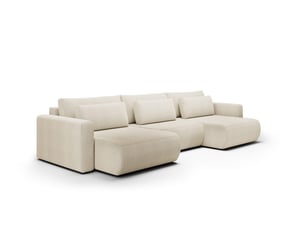 Canapé d'angle panoramique convertible 5 places Tissu beige avec coffre de rangement