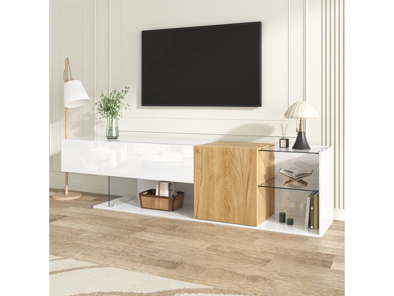  Meuble tv 180 cm avec étagères en verre, portes et effet bois, finition blanc brillant, aggloméré, meuble de salon  - Conforama B