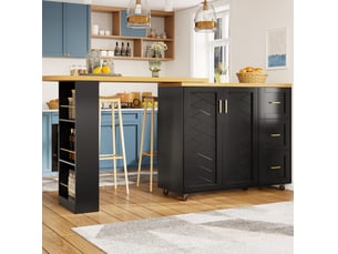 Barwagen extensible 135-228x39x104 cm avec 2 portes et 3 tiroirs mdf blancnoir plateau effet bois