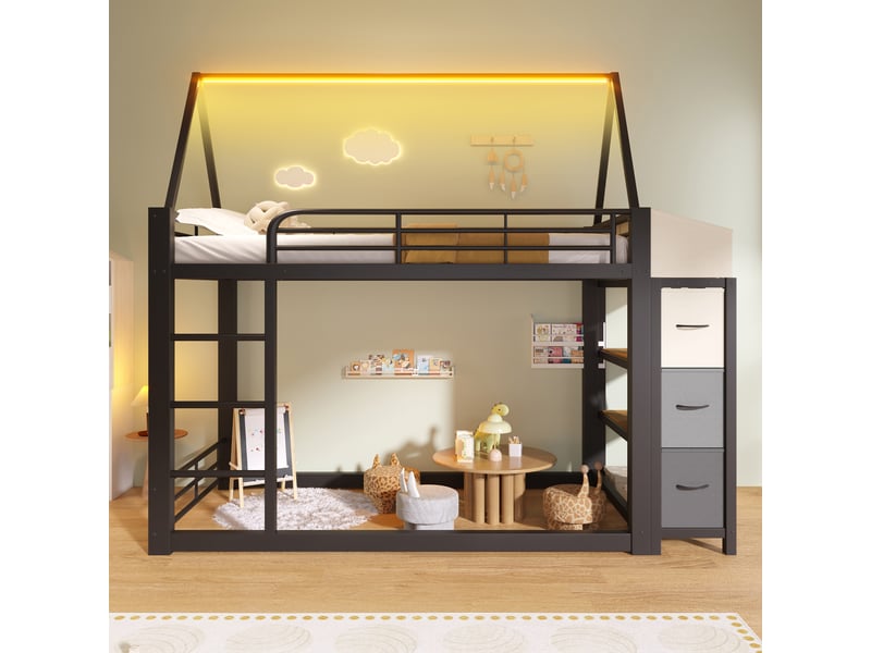  Lit mezzanine 90x200 cm, lit combiné, tiroirs de rangement, rangements intégrés, éclairage led, espace inférieur modulable, mdf et métal noir CozyNest - Conforama D