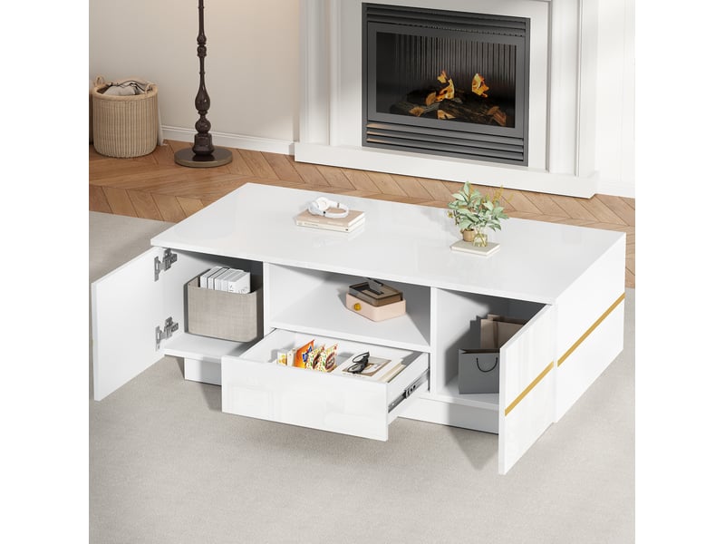  Table basse 100x50x35.5 cm blanche avec rangement et accents dorés  - Conforama D