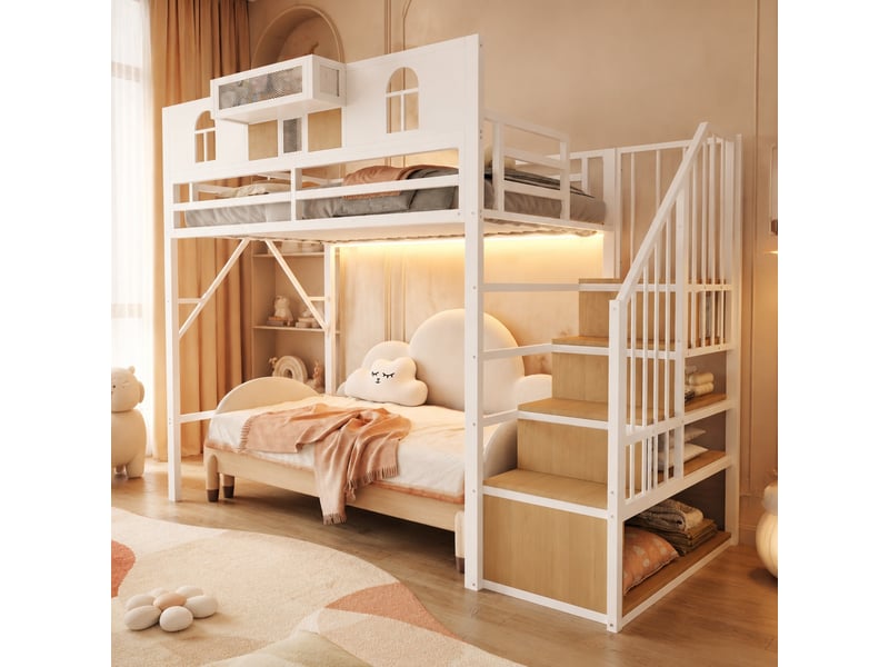  Lit mezzanine 90 x 200 cm, avec échelle de rangement, bande lumineuse, compartiment, fenêtre, panneaux en bois et éléments en grillage métallique, garde-corps surélevé, cadre métallique stable, blanc  - Conforama D