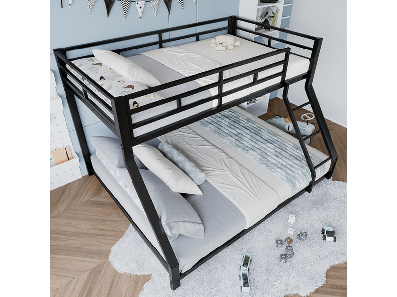 It superposé 3 places 90 x 200 et 140 x 200 cm avec garde-corps et échelle, lit double et simple en métal noir, certifié en747, sans matelas  - Conforama C