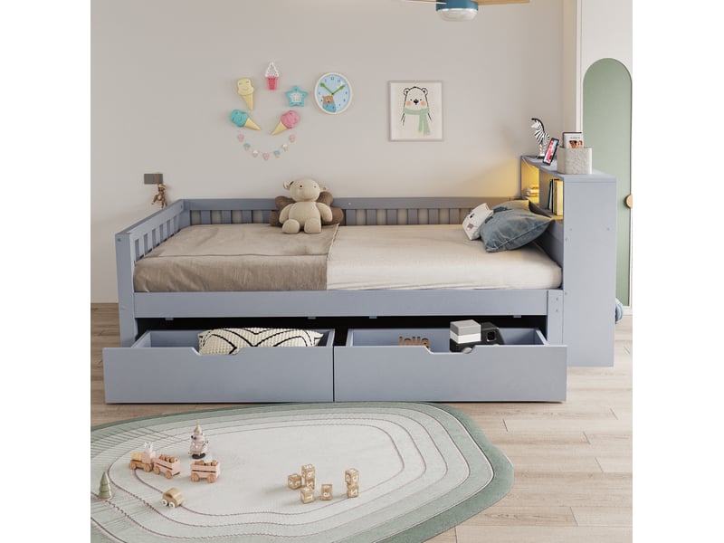 Lit simple 90 × 200 cm avec 2 tiroirs, rangements ouverts, led, prises usb et usb-c, barrières de sécurité, gris - Conforama E
