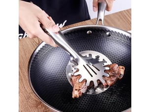 Pince inox cuisine 12.20in multifonctionnelle à drainage d'huile pour barbecue friture cuisson maison restaurant ergonomique