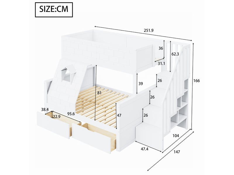  Lit superposé enfant 90x200 cm et 140x200 cm avec escalier de rangement blanc  - Conforama C