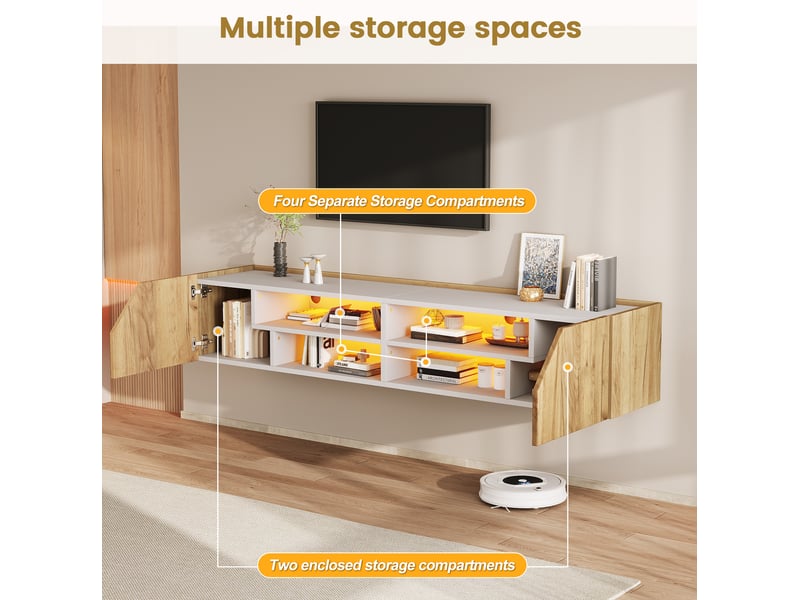 Meuble tv mural 180x36,5x40 cm, led rgb bluetooth, 6 rangements, mdf et panneaux de particules, blanc naturel - Conforama E
