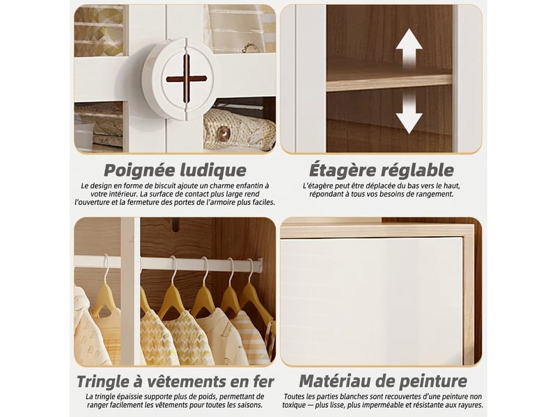  Lot de 2 armoires enfant avec penderie et portes en acrylique transparent, bois et blanc, 160x50x150 cm  - Conforama D