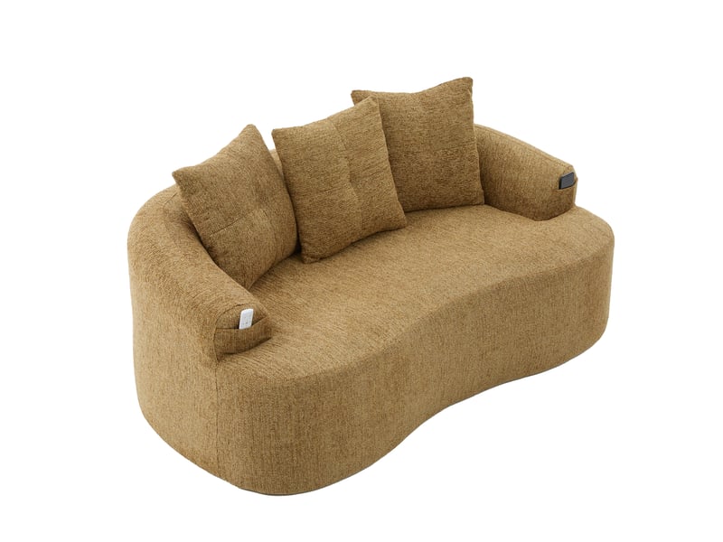 Canapé 2 places 164 x 92 cm jaune moutarde en chenille, assise profonde, 3 coussins décoratifs arrondis - Conforama A