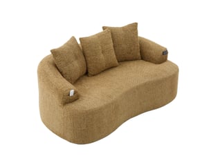 Canapé 2 places 164 x 92 cm jaune moutarde en chenille, assise profonde, 3 coussins décoratifs arrondis