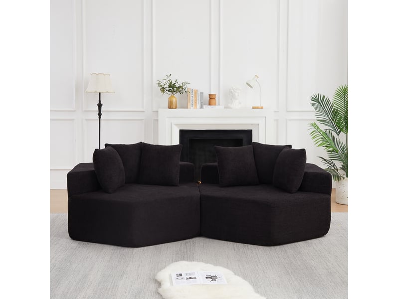  Lot de 2 fauteuils modulables compressés et hexagonaux souples, assise de 2 places, en tissu chenille, couleur noir  - Conforama B
