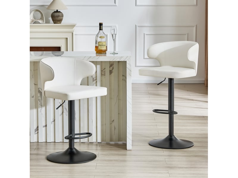  Lot de 2 tabourets de bar 49,7x45x110 cm avec dossier réglables en hauteur, pivotants 360°, polyuréthane (pu), blanc  - Conforama D