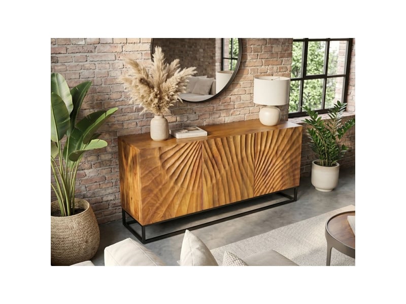  Buffet silva 140 cm en bois massif de manguier sculpté – 3 portes et piètement métal noir  - Conforama B