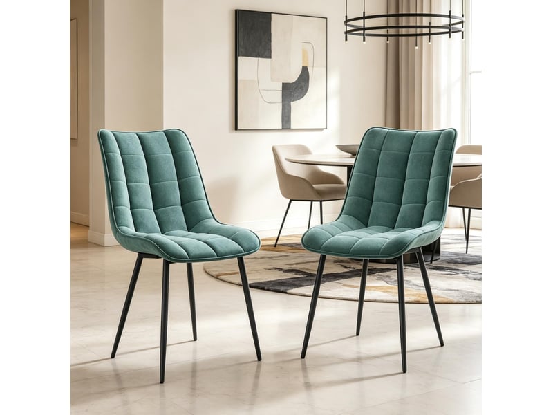  Lot de 2 chaises de salle à manger rembourrées, dossier ergonomique en velours et métal bleu pétrole  - Conforama E