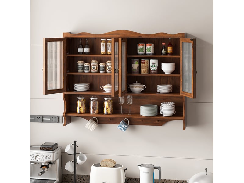 Armoire murale rétro 100x20x80 cm, 4 portes, crochets, rangement amovible, meuble rangement cuisine, bois, marron - Conforama B