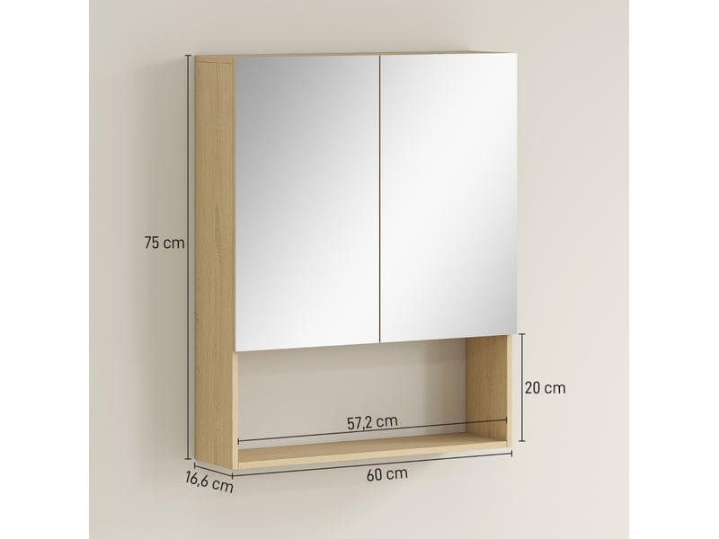  Armoire de salle de bains murale à portes miroir 60x16,6x75 cm rangement ouvert mdf panneau de particules chêne  - Conforama E