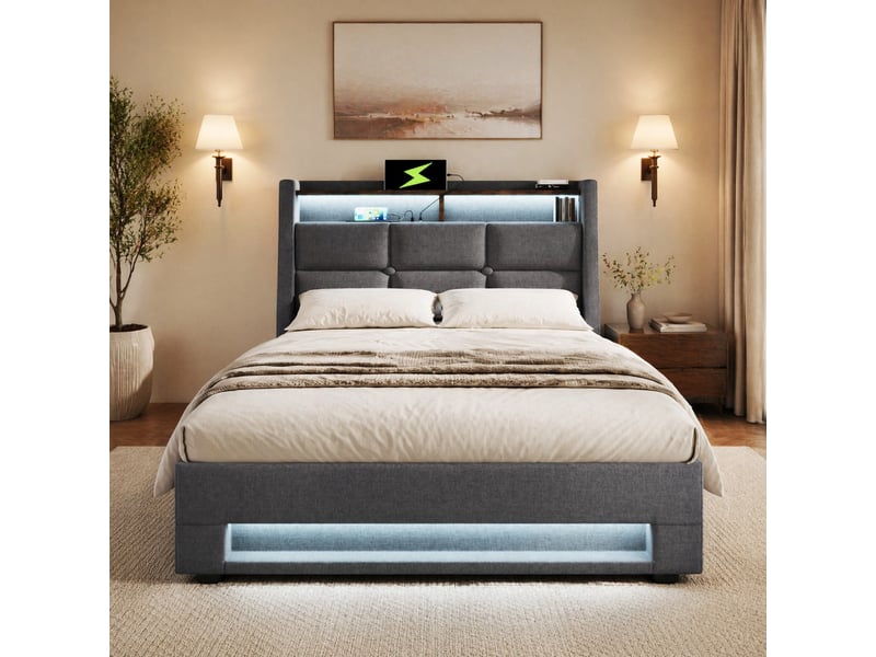  Lit coffre usb 90x200 cm avec led, lattes en bois et métal, gris sans matelas  - Conforama B