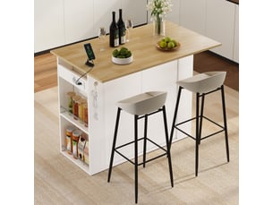 Desserte de cuisine avec 2 portes, tiroir, étagères latérales, plateau rabattable et prises, 120 × 75 × 97 cm, blanche
